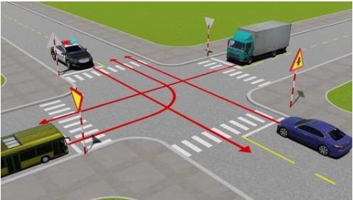 Hình câu 488: Theo hướng mũi tên, thứ tự các xe đi như thế nào là đúng quy tắc giao thông?