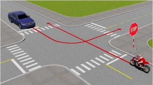 Hình câu 492: Trường hợp này xe nào được quyền đi trước?