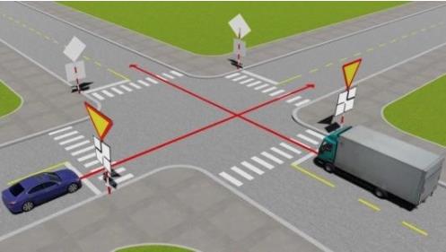 Hình câu 497: Theo hướng mũi tên, xe nào phải nhường đường là đúng quy tắc giao thông?