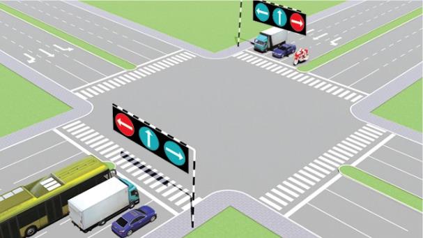 Hình câu 500: Theo tín hiệu đèn, xe nào đi là đúng quy tắc giao thông?