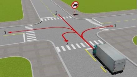 Hình câu 524: Những hướng nào xe ô tô tải được phép đi?