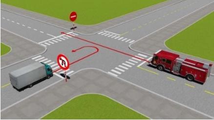 Hình câu 532: Đi theo hướng mũi tên, xe nào vi phạm quy tắc giao thông?