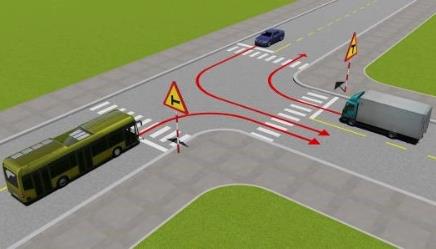 Hình câu 534: Theo hướng mũi tên, thứ tự các xe đi như thế nào là đúng quy tắc giao thông?