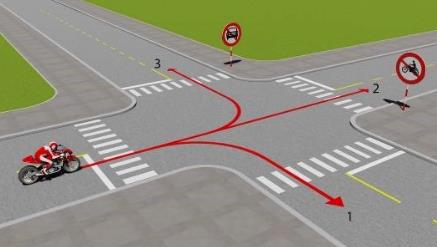 Hình câu 539: Theo hướng mũi tên, những hướng nào xe mô tô được phép đi?
