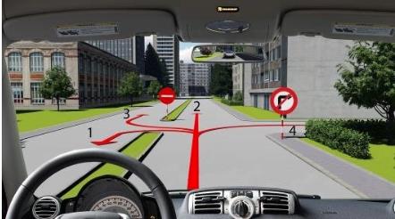 Hình câu 545: Người lái xe điều khiển xe đi theo hướng nào là đúng quy tắc giao thông?