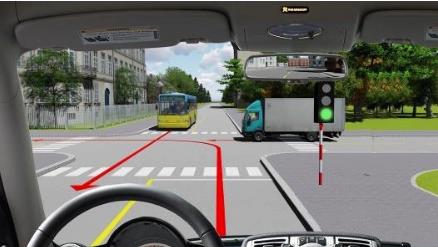 Hình câu 547: Người lái xe điều khiển xe rẽ trái như thế nào là đúng quy tắc giao thông?