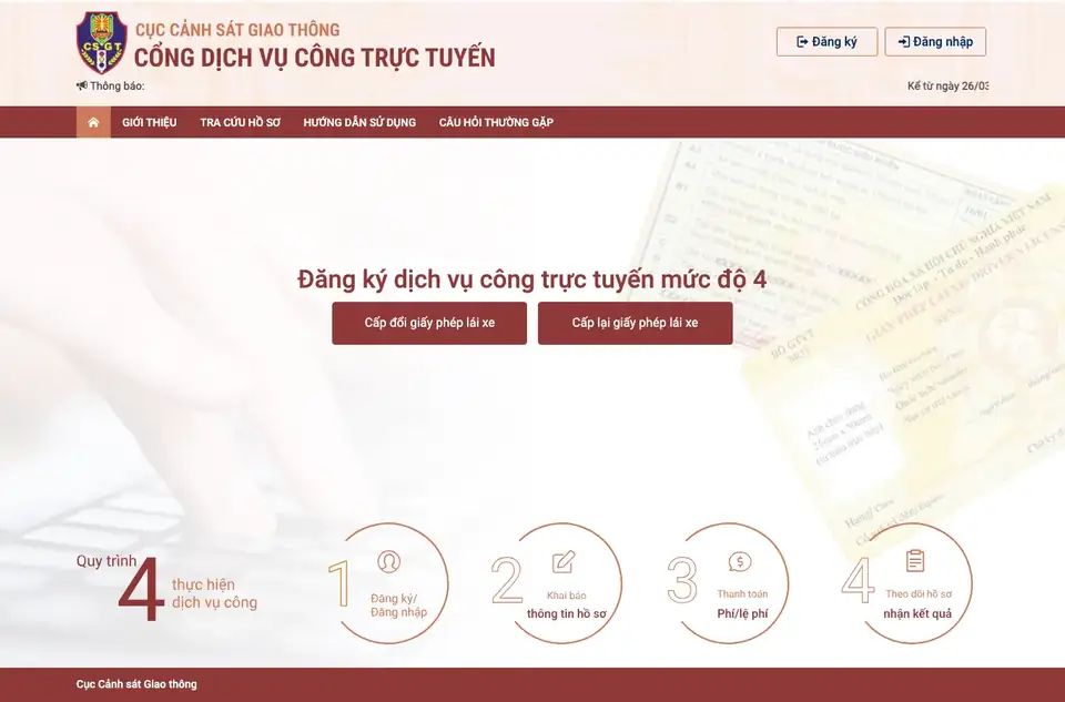 Trang cấp đổi giấy phép lái xe trực tuyến: cổng dịch vụ công của Cục Cảnh sát giao thông với hai nút Cấp đổi giấy phép lái xe, Cấp lại giấy phép lái xe và quy trình 4 bước