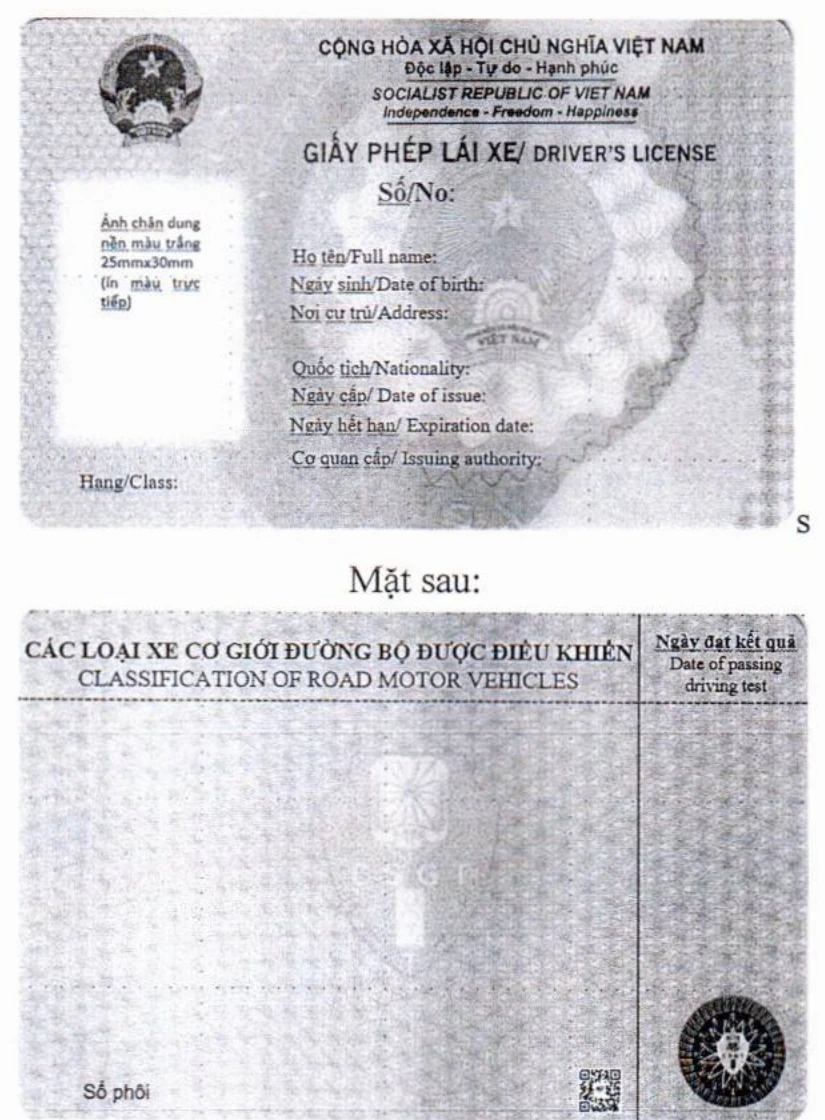 Mẫu giấy phép lái xe thẻ PET theo Thông tư 108/2026/TT-BCA, mặt trước có ô hạng và ngày hết hạn, mặt sau ghi các loại xe được điều khiển và mã QR
