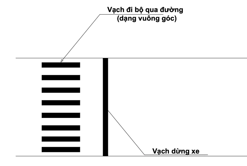 Bản vẽ bài dừng xe nhường đường cho người đi bộ trong QCVN 15:2026/BCA: vạch dừng xe kẻ trước vạch đi bộ qua đường dạng vuông góc