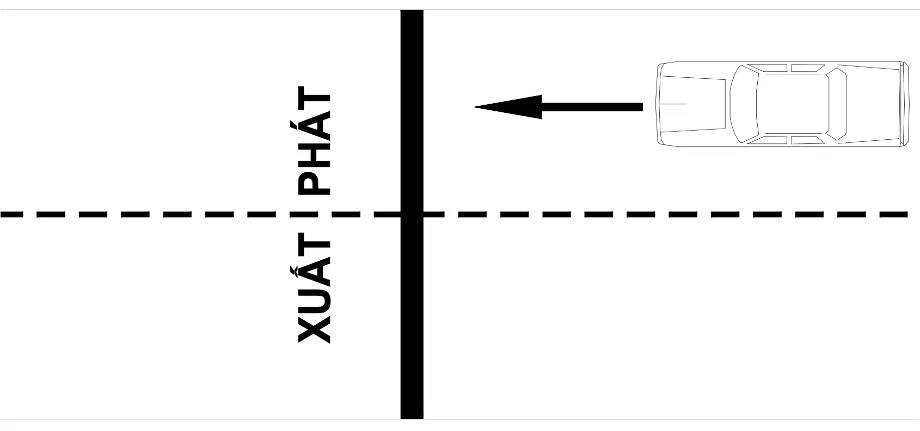 Bản vẽ bài xuất phát trong QCVN 15:2026/BCA: vạch dừng ngang đường, chữ XUẤT PHÁT kẻ trên mặt đường, xe tiến về phía vạch