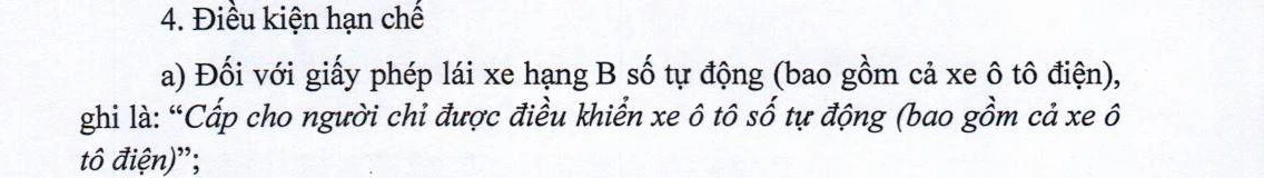 Trích Phụ lục IX Thông tư 108/2026/TT-BCA: giấy phép lái xe hạng B số tự động ghi điều kiện hạn chế chỉ được điều khiển xe ô tô số tự động, bao gồm cả xe ô tô điện